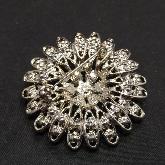 Rhinestone Flower Brooch, Aurora Borealis Clear Rhinestones, Silver Tone, 1 3/4" - Picture 7 of 7